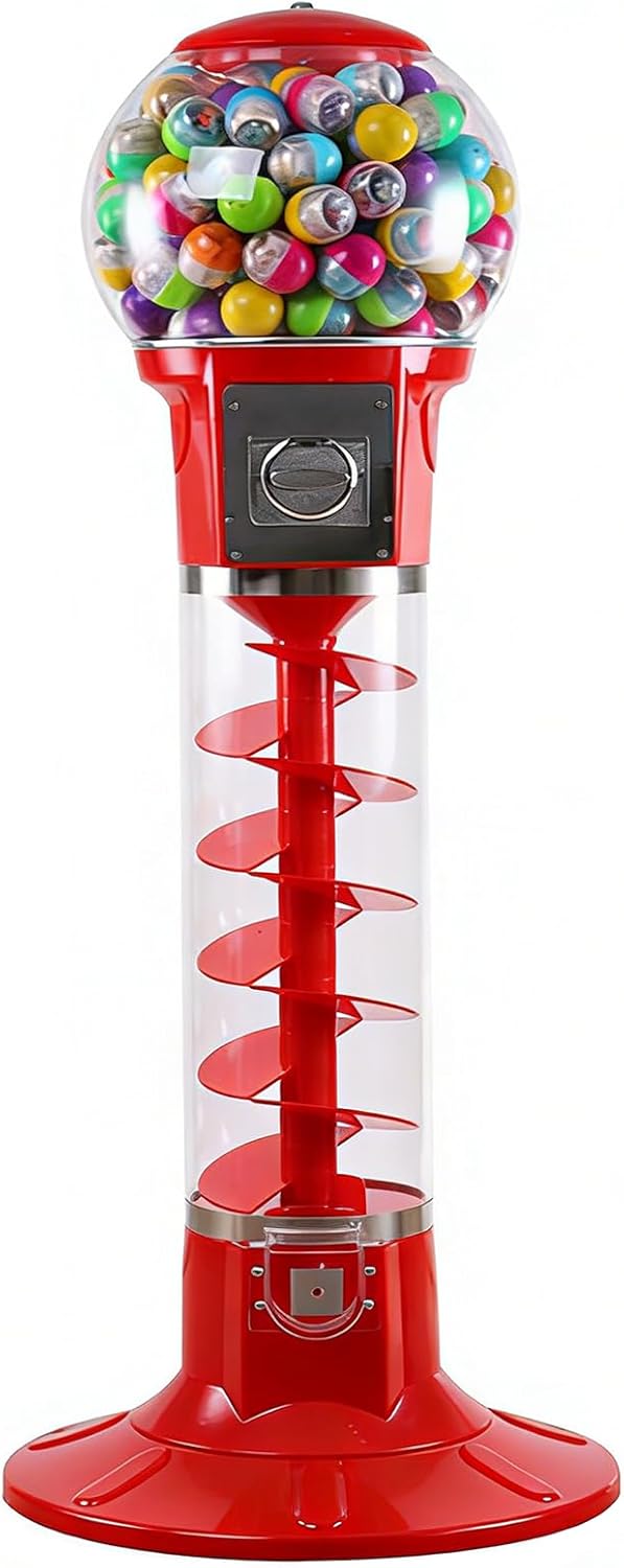 Gumball Vending Machine, 43.3in Height Red Spiral Candy Machine Dispenser, Gum Ball Machine for Kids, Includes 100 Pcs Twister Balls (32mm), Big Gumball Bank for 1 Yuan Coin Only