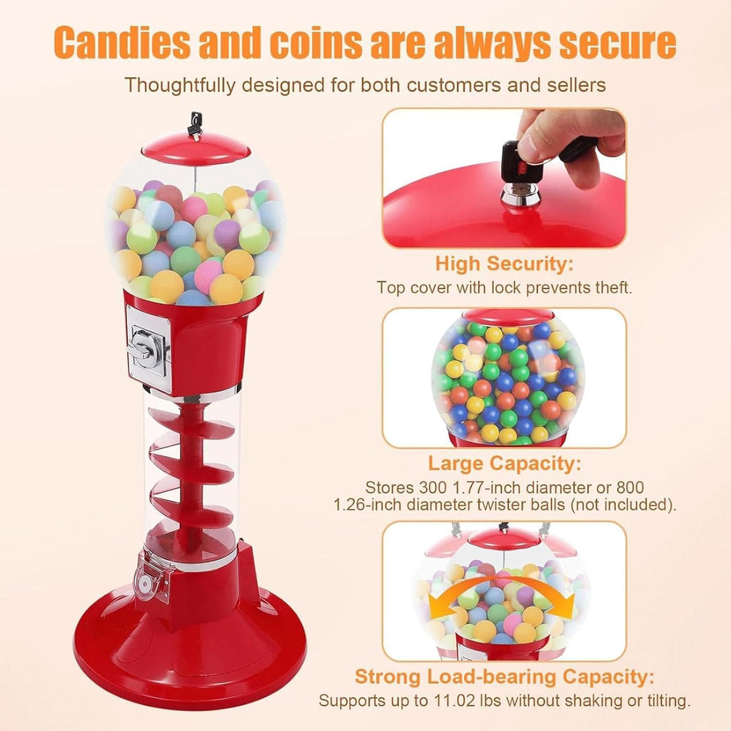 Gumball Vending Machine, 43.3in Height Red Spiral Candy Machine Dispenser, Gum Ball Machine for Kids, Includes 100 Pcs Twister Balls (32mm), Big Gumball Bank for 1 Yuan Coin Only