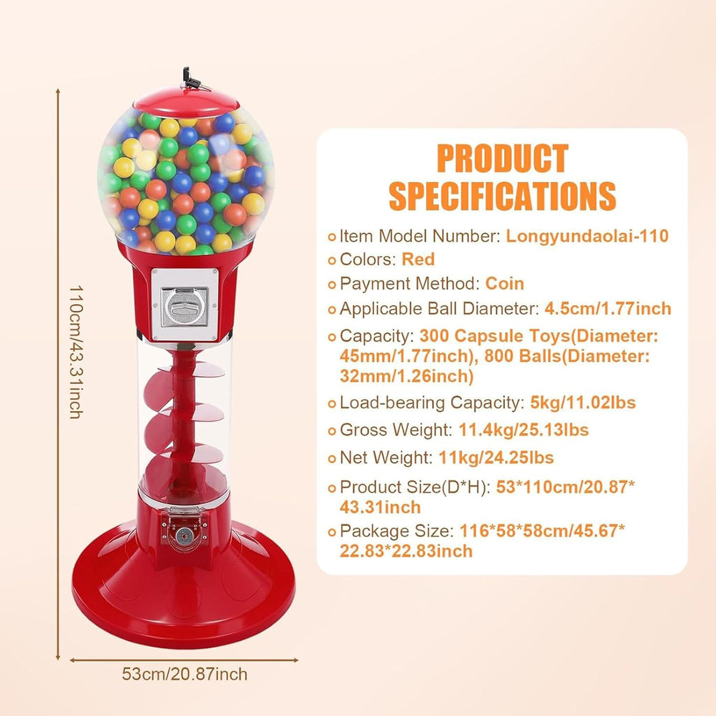 Gumball Vending Machine, 43.3in Height Red Spiral Candy Machine Dispenser, Gum Ball Machine for Kids, Includes 100 Pcs Twister Balls (32mm), Big Gumball Bank for 1 Yuan Coin Only