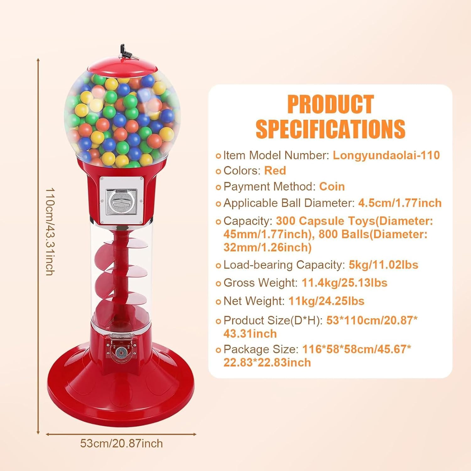 Gumball Vending Machine, 43.3in Height Red Spiral Candy Machine Dispenser, Gum Ball Machine for Kids, Includes 100 Pcs Twister Balls (32mm), Big Gumball Bank for 1 Yuan Coin Only