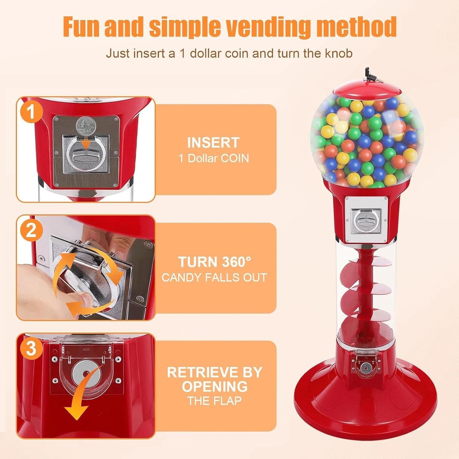 Gumball Vending Machine, 43.3in Height Red Spiral Candy Machine Dispenser, Gum Ball Machine for Kids, Includes 100 Pcs Twister Balls (32mm), Big Gumball Bank for 1 Yuan Coin Only
