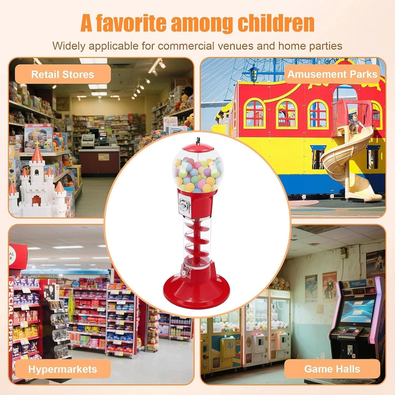 Gumball Vending Machine, 43.3in Height Red Spiral Candy Machine Dispenser, Gum Ball Machine for Kids, Includes 100 Pcs Twister Balls (32mm), Big Gumball Bank for 1 Yuan Coin Only